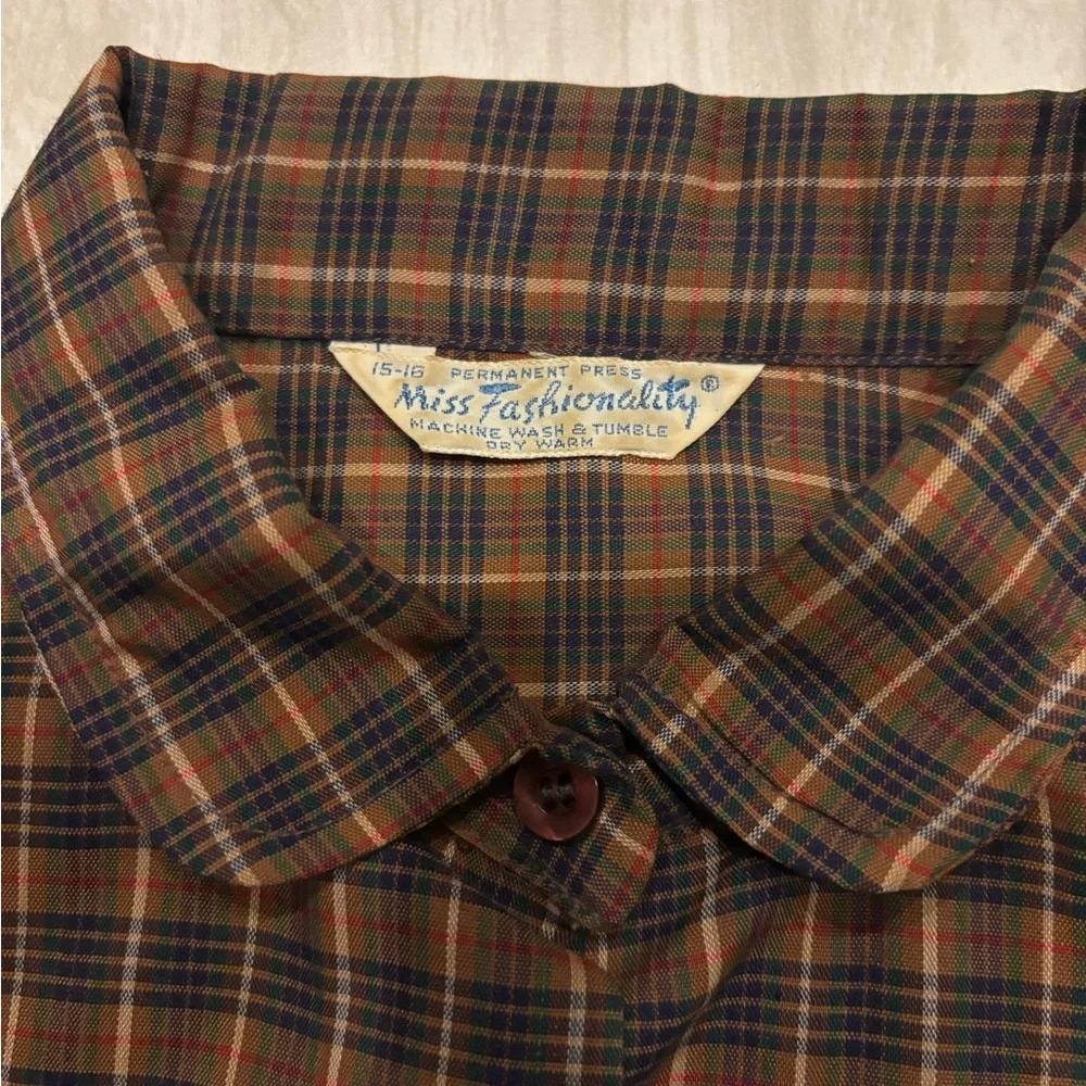 Vintage 1960s/70s Plaid Button-Up Blouse – Brown/Blue - medium - Picture 6 of 6